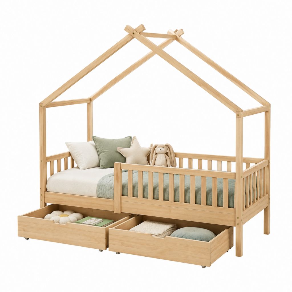 Kinderhausbett aus massivem Kiefernholz Natur 90 x 200 cm mit Rausfallschutz und 2 Schubladen
