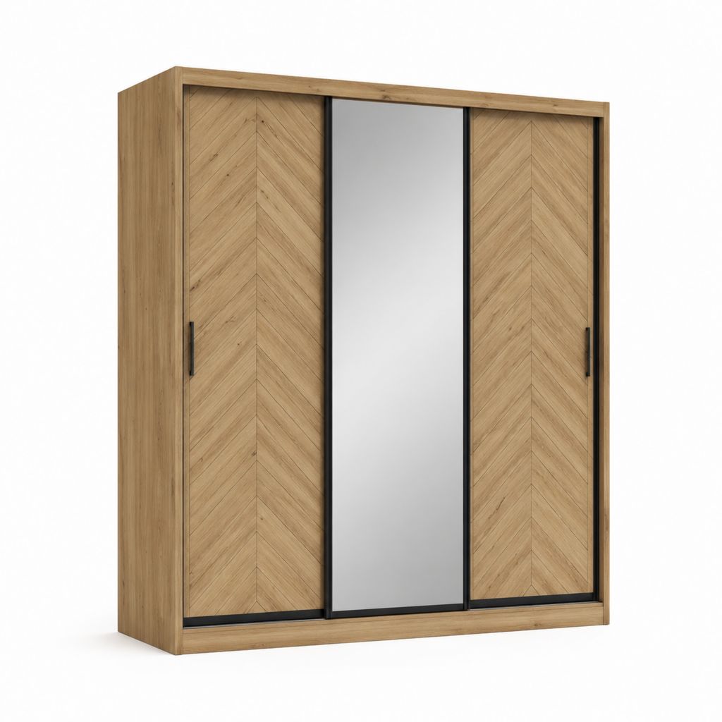 Schwebetürenschrank Eichefarben mit Spiegel und 3 Schiebetüren 200 x 220 x 60 cm