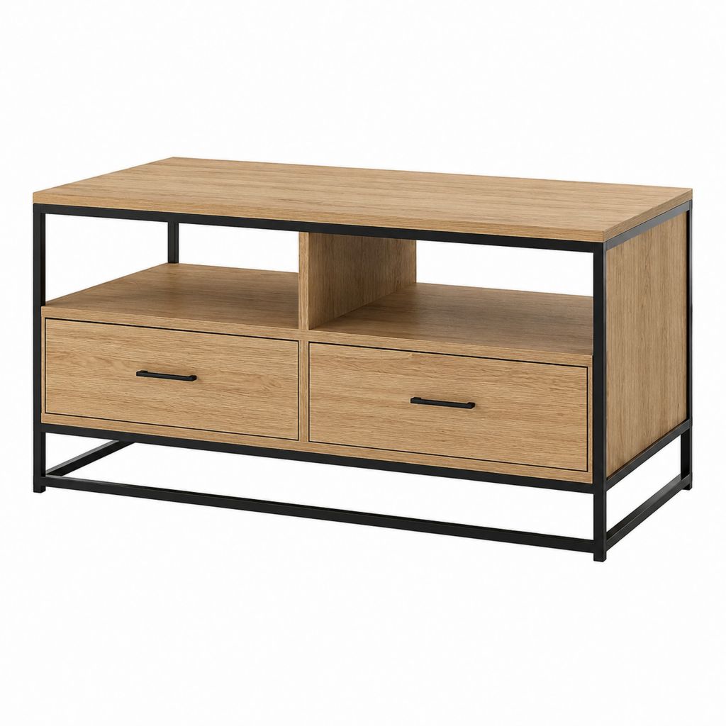 Couchtisch mit 2 Schubladen Eichenoptik Schwarz Stahl rechteckig 110 x 50 x 45 cm