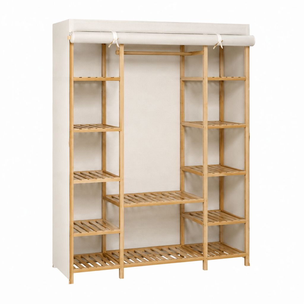 Kleiderschrank mit Stoffbezug rechteckig Natur/Weiß aus Bambus und Polyester 130 x 45 x 170 cm