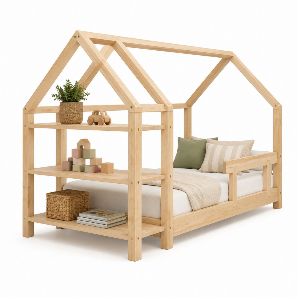 Kinderhausbett mit Regal Natur Massivholz Kiefer 90 x 200 cm 240 x 96 x 170 cm