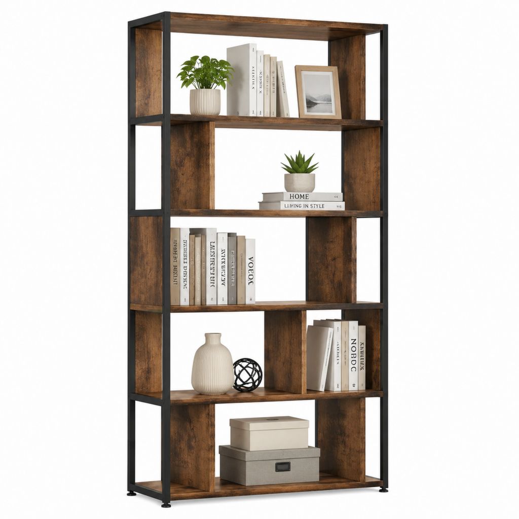 Bücherregal Standregal rustikalbraun schwarz aus Spanplatte und Stahl 80 x 30 x 180 cm