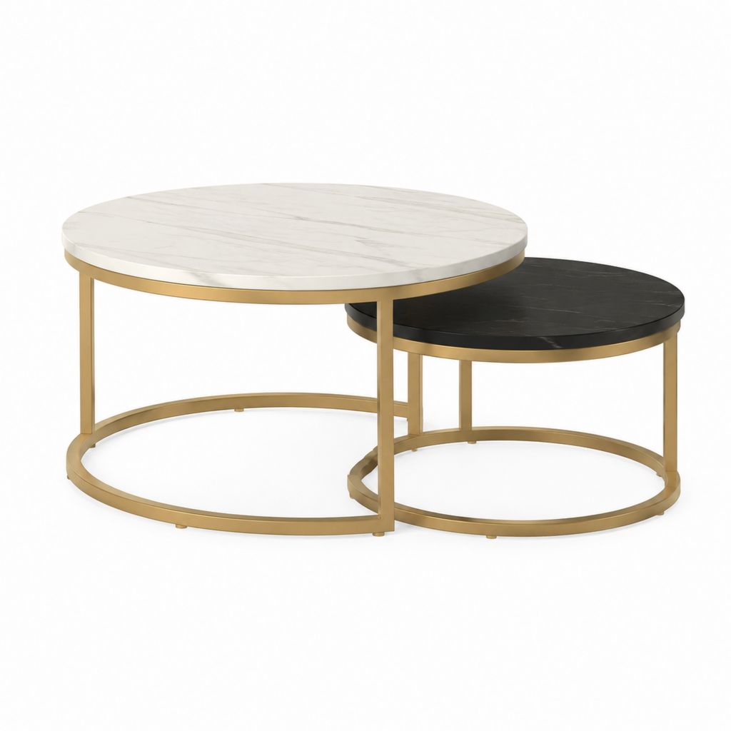 Couchtisch Set 2-teilig Weiß Schwarz MDF Stahl rund 80 x 80 x 45 cm und 60 x 60 x 35 cm