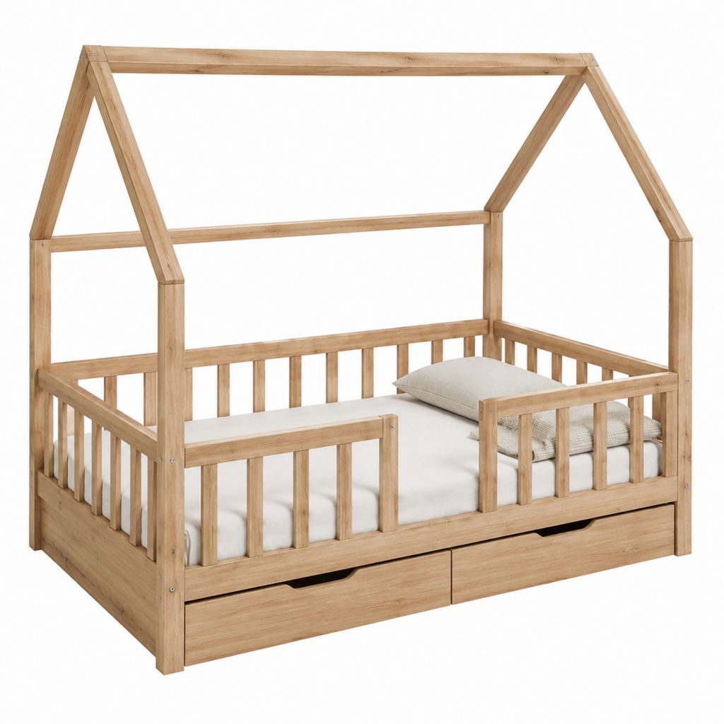 Kinderhausbett Natur massives Kiefernholz rechteckig 90 x 200 cm mit 2 Schubladen