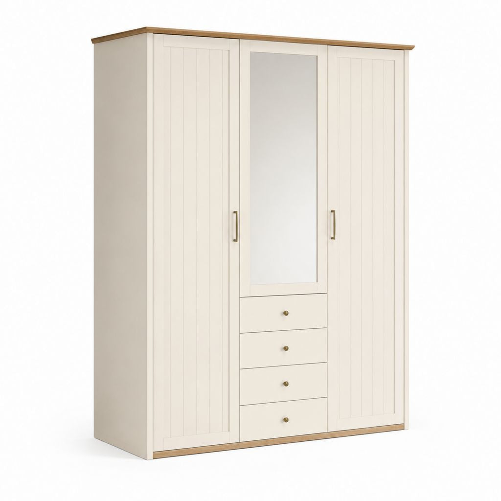 Drehtürenschrank mit Spiegel und 4 Schubladen Creme Eichefarben MDF 150 x 60 x 200 cm