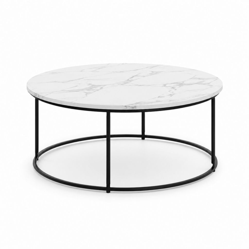 Couchtisch rund Weiß Schwarz MDF mit Marmoroptik Stahlgestell Ø 80 cm Höhe 45 cm